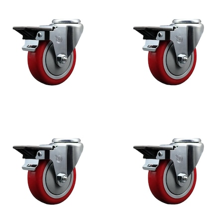 Service Caster 4'' Red Poly Wheel Swivel Bolt Hole Caster Set with Posi Lock Brakes, 4PK SCC-BH20S414-PPUB-RED-PLB-4